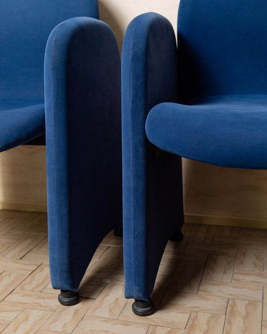 Vintage Velvet Armchair Dining Chair Blue Mid Century Design Italy 1970s Set of 2