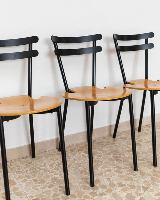 Vintage Chair Black Steel Wood Stackable Set of 3