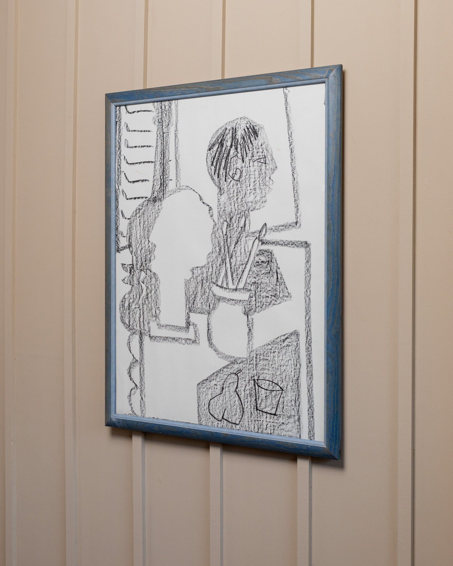 Vintage drawing charcoal on paper blue wooden frame abstract art Italy 1990s