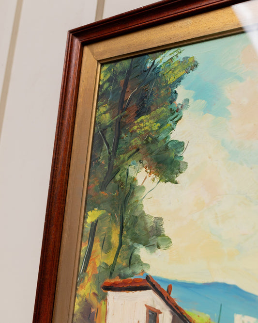 Vintage Oil Painting Woman Landscape Italy 1960s Wooden Frame Golden