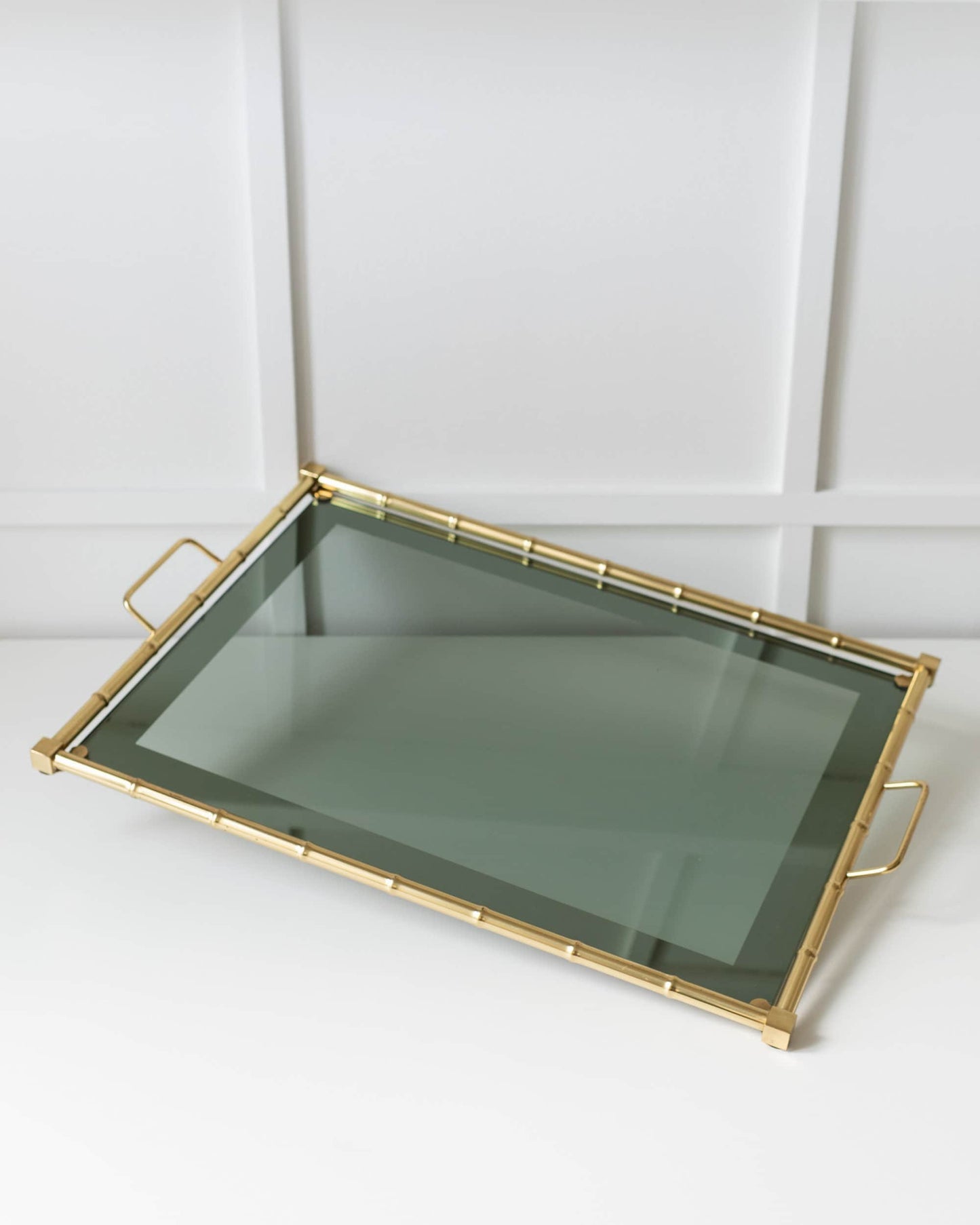Vintage Tray Bamboo Design Smoked Glass Hollywood Regency 1960s Vintage
