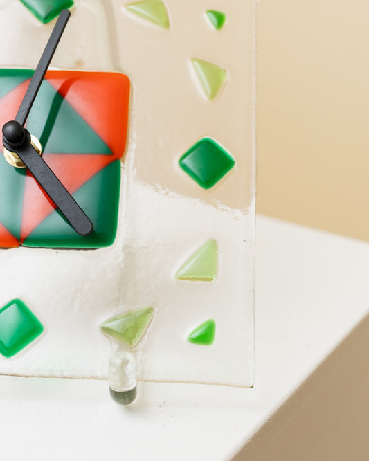 Vintage Wall Clock Glass Green and Orange Murano Memphis Design 1980s