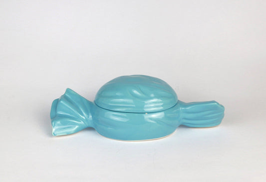 Bocal à bonbons vintage en céramique avec couvercle bleu années 80-90