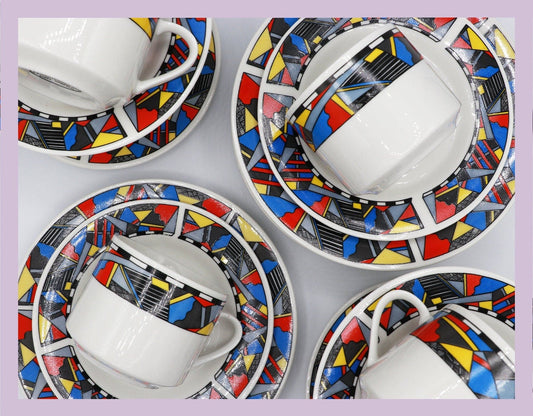 Vintage 6 Personen Set Kaffee Service Bauhaus Postmodern Rot Blau Gelb Sottsass Memphis Milano Deutschland 1980 1990 Keramik Wellco Design - 2nd home