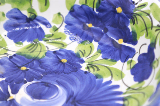 Vintage Bowl Italian Ceramic Hand Painted Flowers Blue 1980s