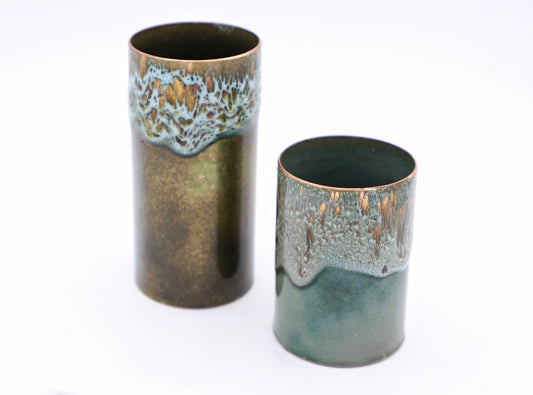 Vintage Vase Kupfer Emaille Fat Lava Effekt Grün Set von 2