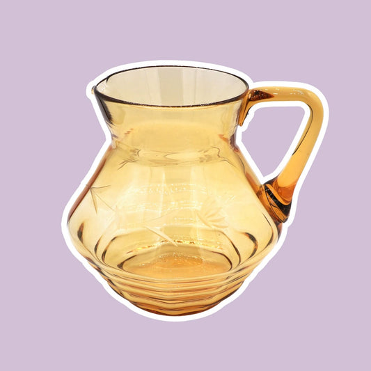 Vintage Carafe Art Deco Lead Cut Engraved Flowers Glass Amber 1930s