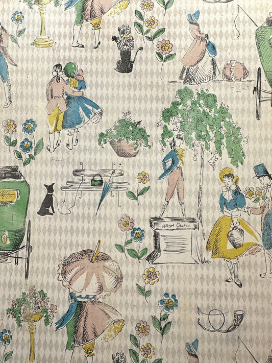 Plateau Vintage Années 1950 Tressé Pastel Kitsch Scène Amoureuse Carriage Park