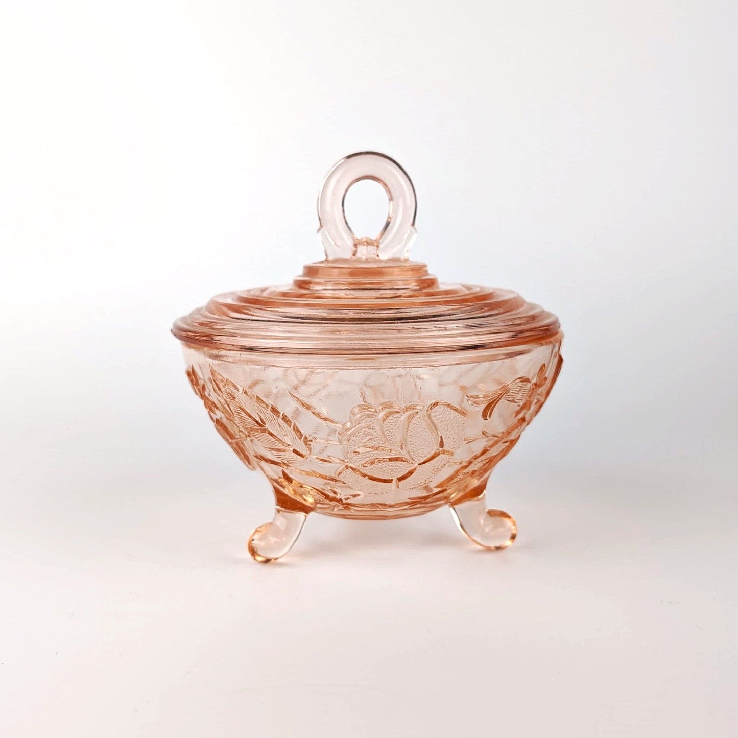 Vintage Bonboniere Rosalin Glass Pink Pressed Glass Floral 30s