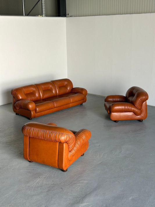 Vintage Modular Sofa Ruched Cognac Leather Mid-Century Modern Set of 3