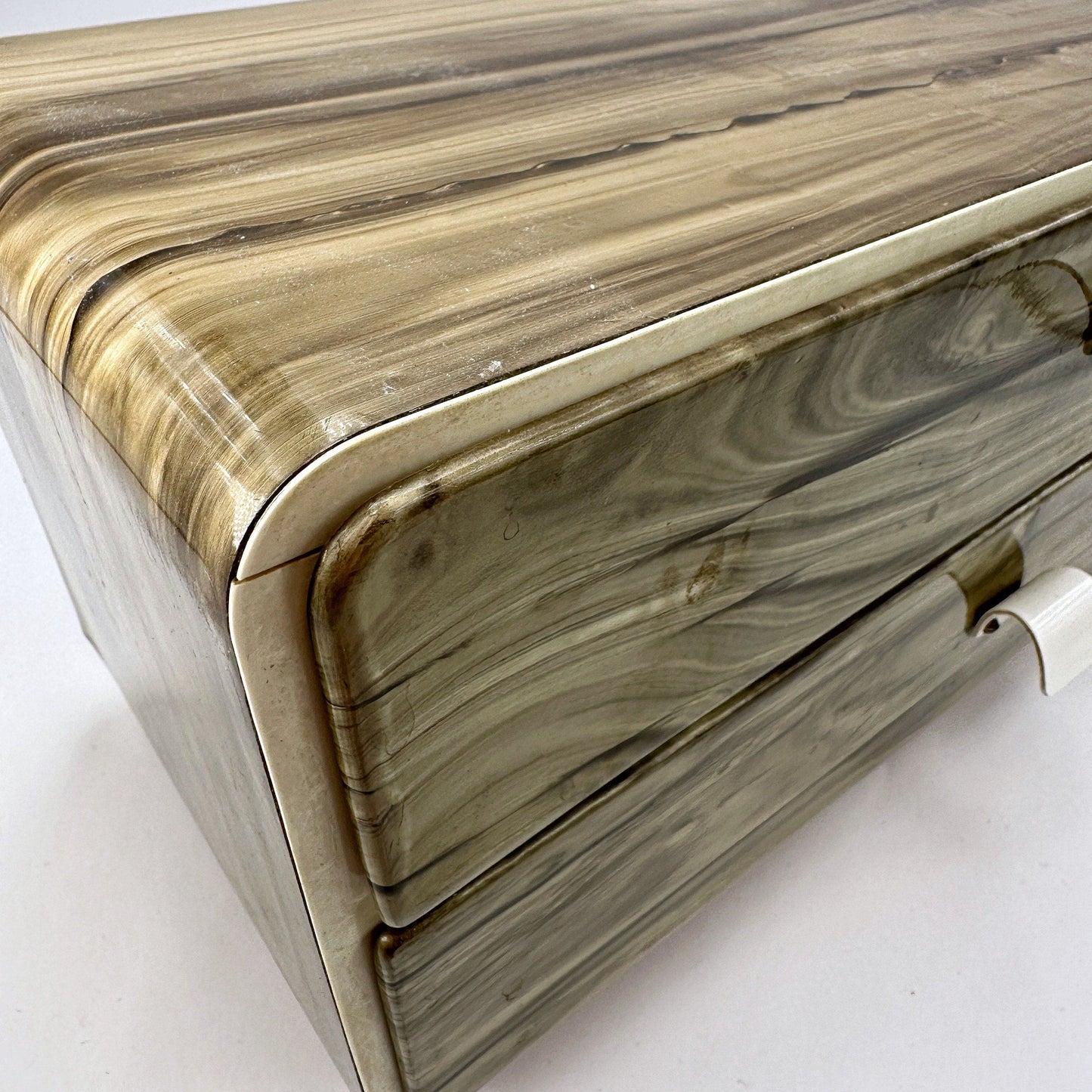 Coffret à bijoux vintage Perloid années 50 Rockabilly Nacre Marbre Or Argent Champagne