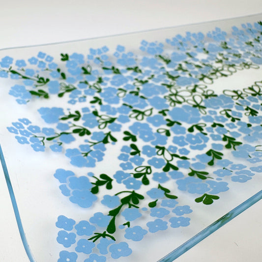 Vintage Kuchenplatte Glas Blumen Blau 1970er