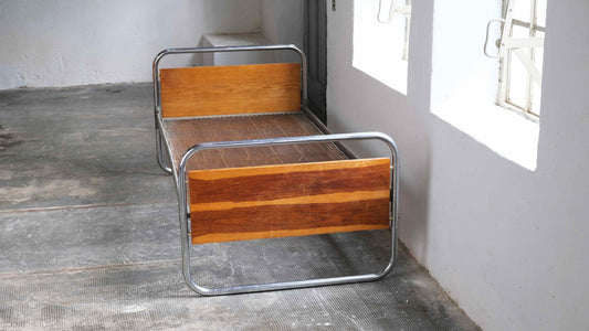 Vintage Bauhaus bed frame made of chrome-plated steel and wood veneer