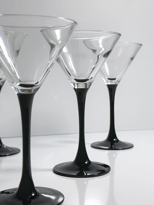 Vintage Martini Glas Schwarz Domino von Luminarc 80er Art Deco Revival Set von 4