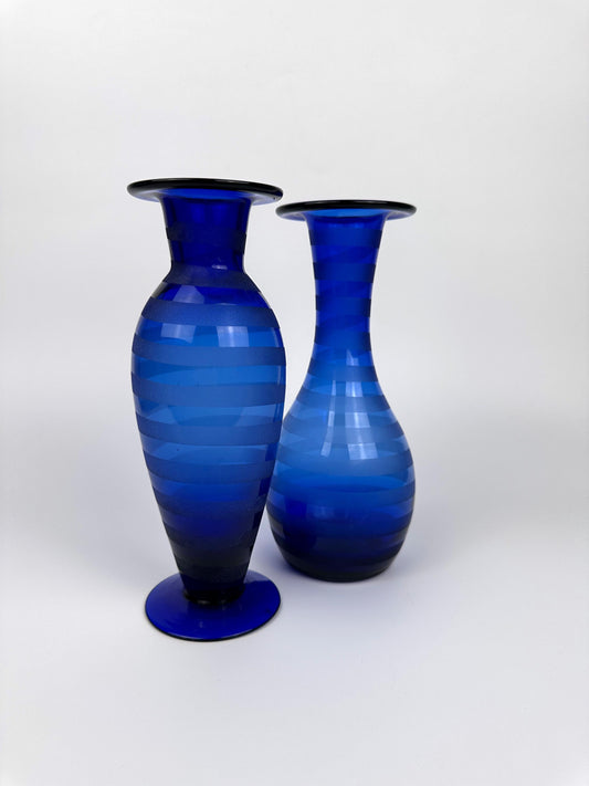 Vintage Vase Kobalt Blau Streifen Swirl 90er Set von 2