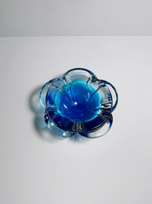 Vintage Ashtray CZ Glass Blue Flower 60s 70s Seguso