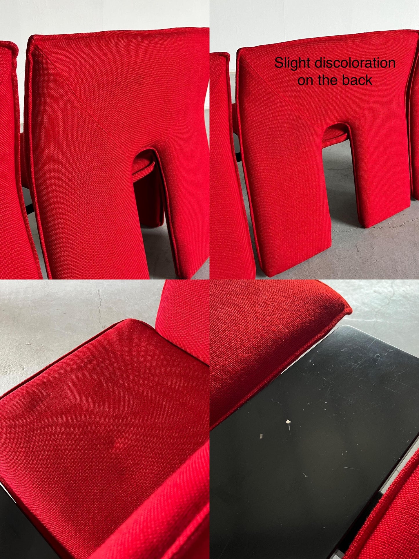 Vintage Dreisitzer-Sofa rotes Wollbezug schwarzes Metall Memphis-Stil 1980er Italien