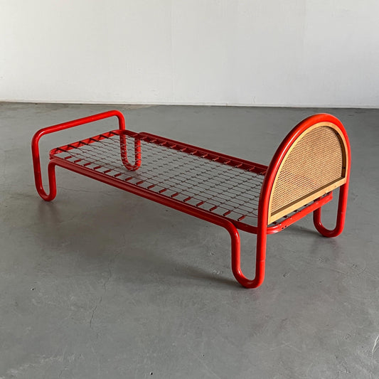 Vintage bed frame Gae Aulenti style metal tube and cane, Italy 1960s