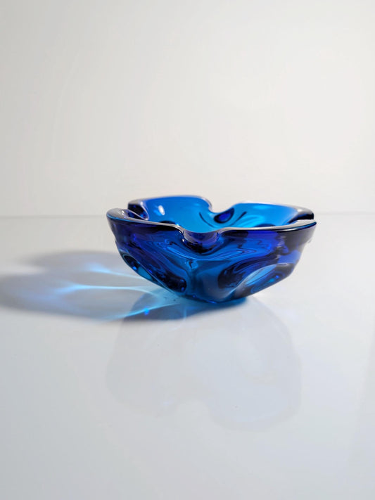 Vintage Aschenbecher CZ Glas Blau Blume 60er 70er