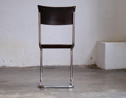 Vintage cantilever chair by Mart Stam dark brown, metal, chrome, wood, steel