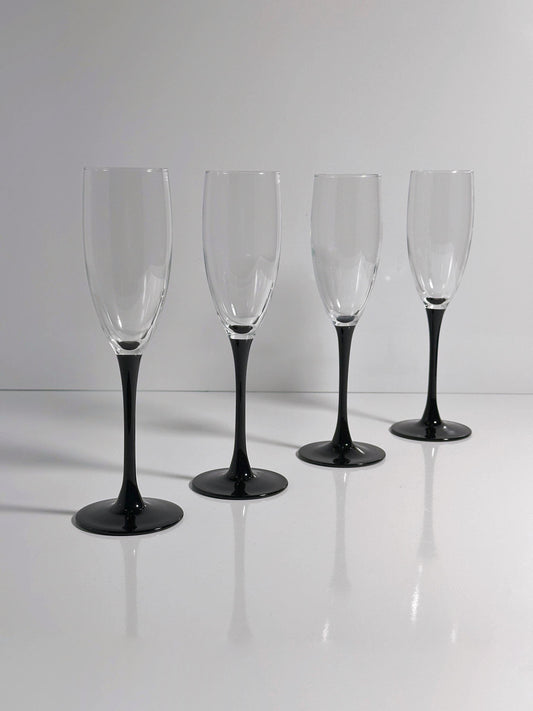 Vintage Sektglas von Luminarc Schwarz Art Deco 80er Set von 4