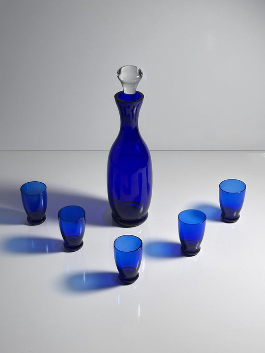 Vintage Dekanter Böhmisch Ultramarin Blau von CZ Bohemia Set von 5 Gläsern
