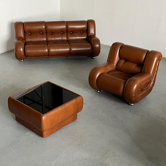 Vintage Wohnzimmer-Set im Stil von Mimo Padova, Cognac Leder und Chrom, 1970er Italien