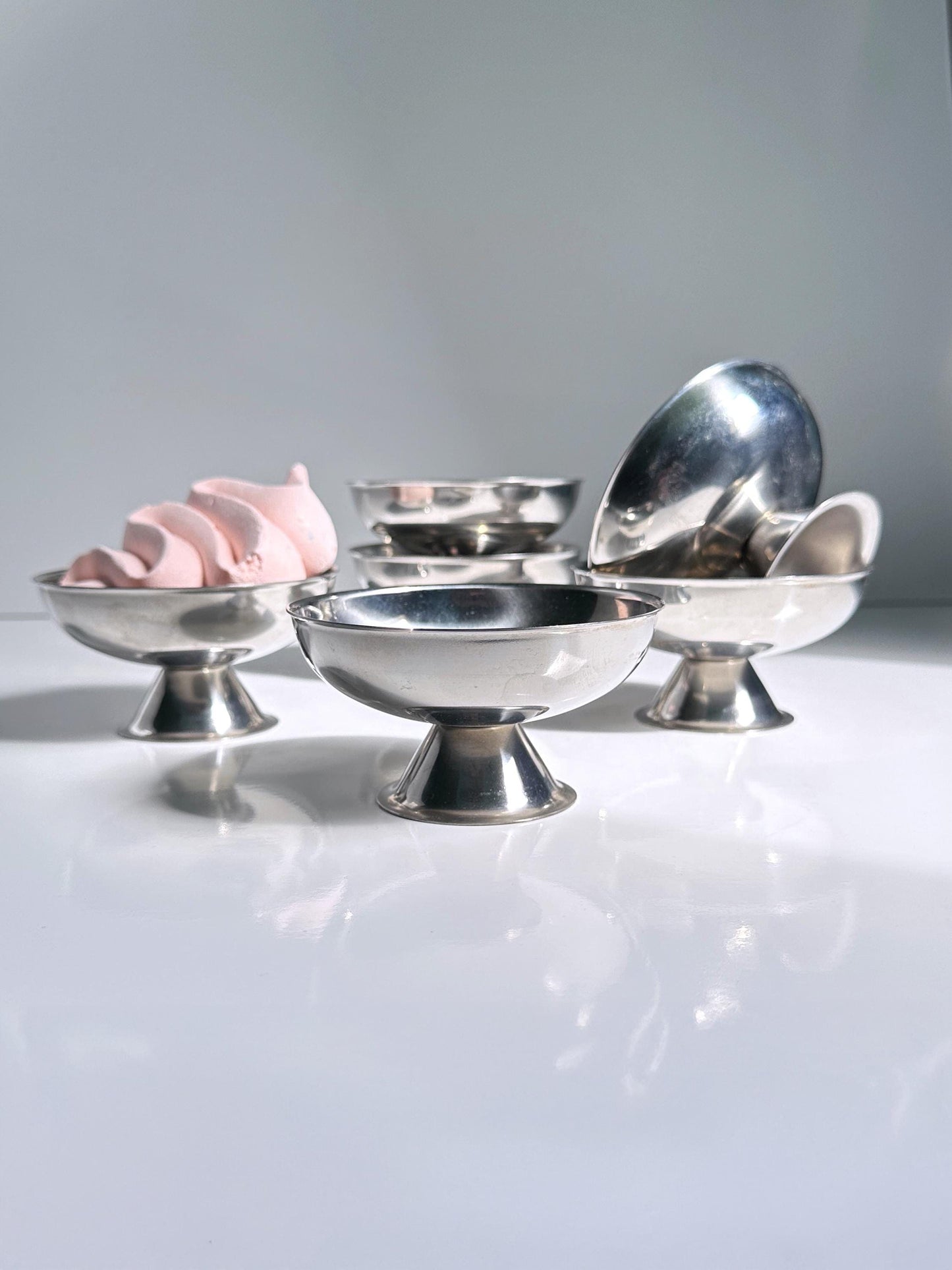 6x Italian dessert bowl round flat inox metal 80s gelato cup