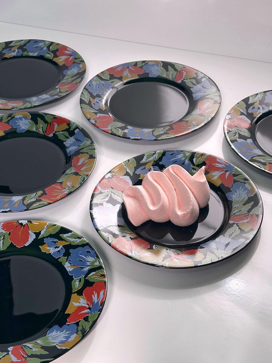 Vintage Kuchenteller Arcoroc Schwarz Blumen Frankreich von Luminarc Set von 6