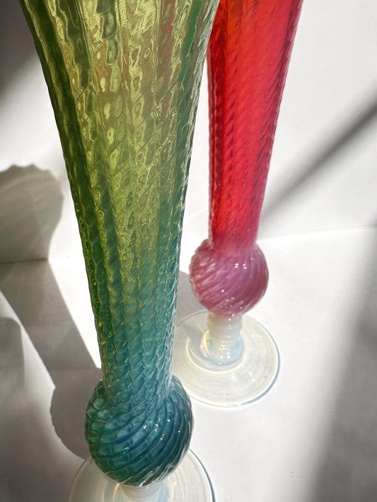 Vintage Vase Opaline Glass Pink Green Swirl Italy Pair