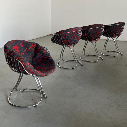 Vintage Pan Am Armstuhl von Gastone Rinaldi für Rima Padova, Chromstahl, Rot-Blau Floral