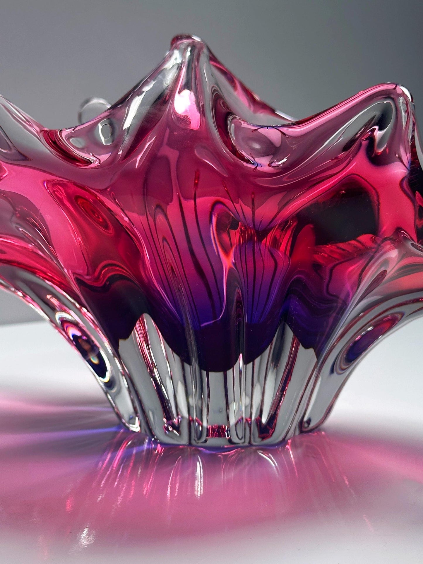 Vintage Bohemian Cranberry Violet Glass Basket Bowl by Josef Hospodka Mid Century