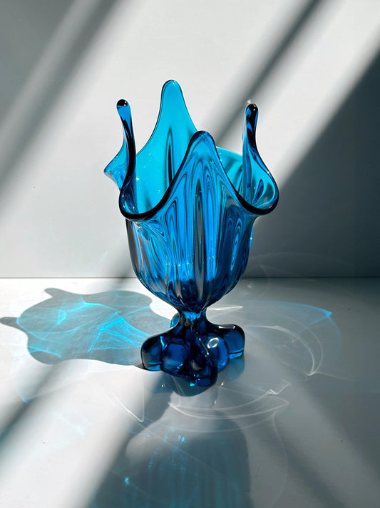 Vintage Glasvase Viking Glass Epic Four Square Blau Modell 1475 1960er Mid Century