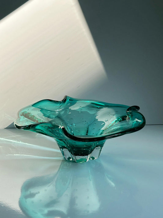 Vintage Obstschale Murano Glas Türkis von Barovier Toso 70er