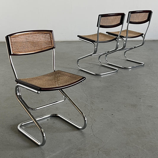 Vintage Freischwinger Essstuhl Holz Rohrgeflecht Chrom Marcel Breuer Stil 1970er Italien