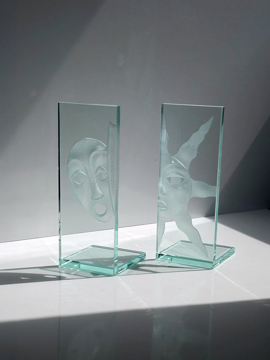 Vintage Buchstütze Sonne Mond aus Glas