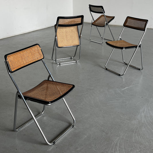 Vintage Klappstuhl Chrom und Rohrgeflecht 1970er Italien Set von 4