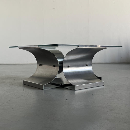 Vintage Couchtisch von François Monnet für Kappa in gebürstetem Stahl und Glas