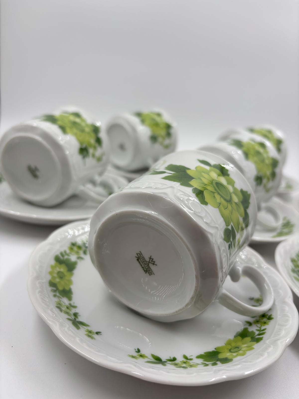 Vintage Geschirr Set von Mitterteich Porzellan mit grünem Blumendekor, 7-teilig, komplett