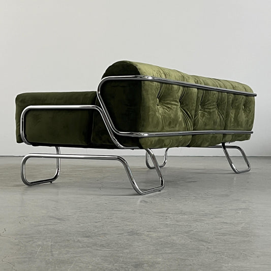 Vintage Dreisitzer-Sofa Samt Chromstahl grün 1970er Italien