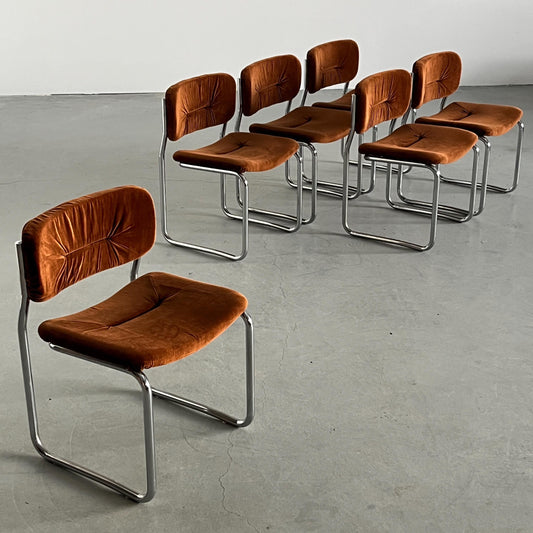Vintage Freischwinger Essstuhl Italien Stoff Chrom 1970er Set von 6