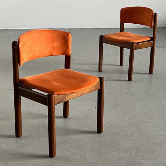 Vintage Esszimmerstuhl Orange Samt Holz 1970er Italien Set von 2