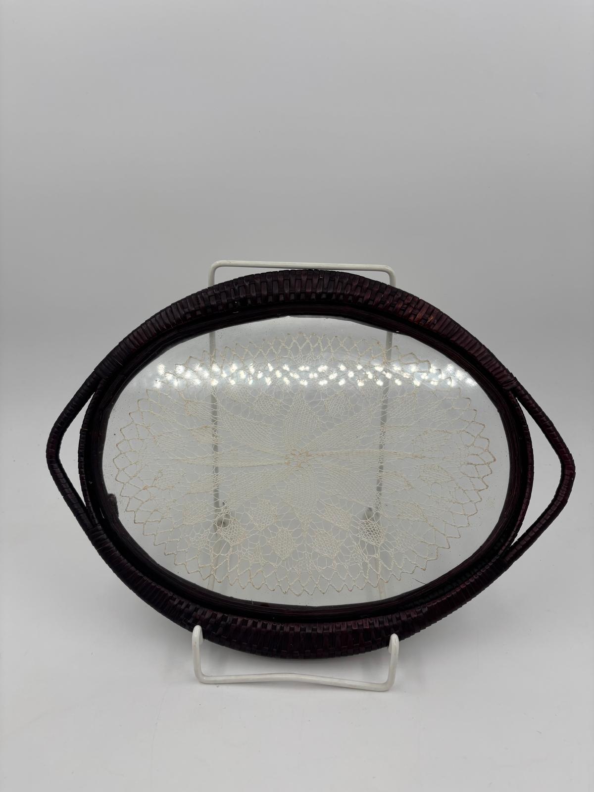 Vintage Tablett mit Glas und Häkeldeckchen ca. 30 cm