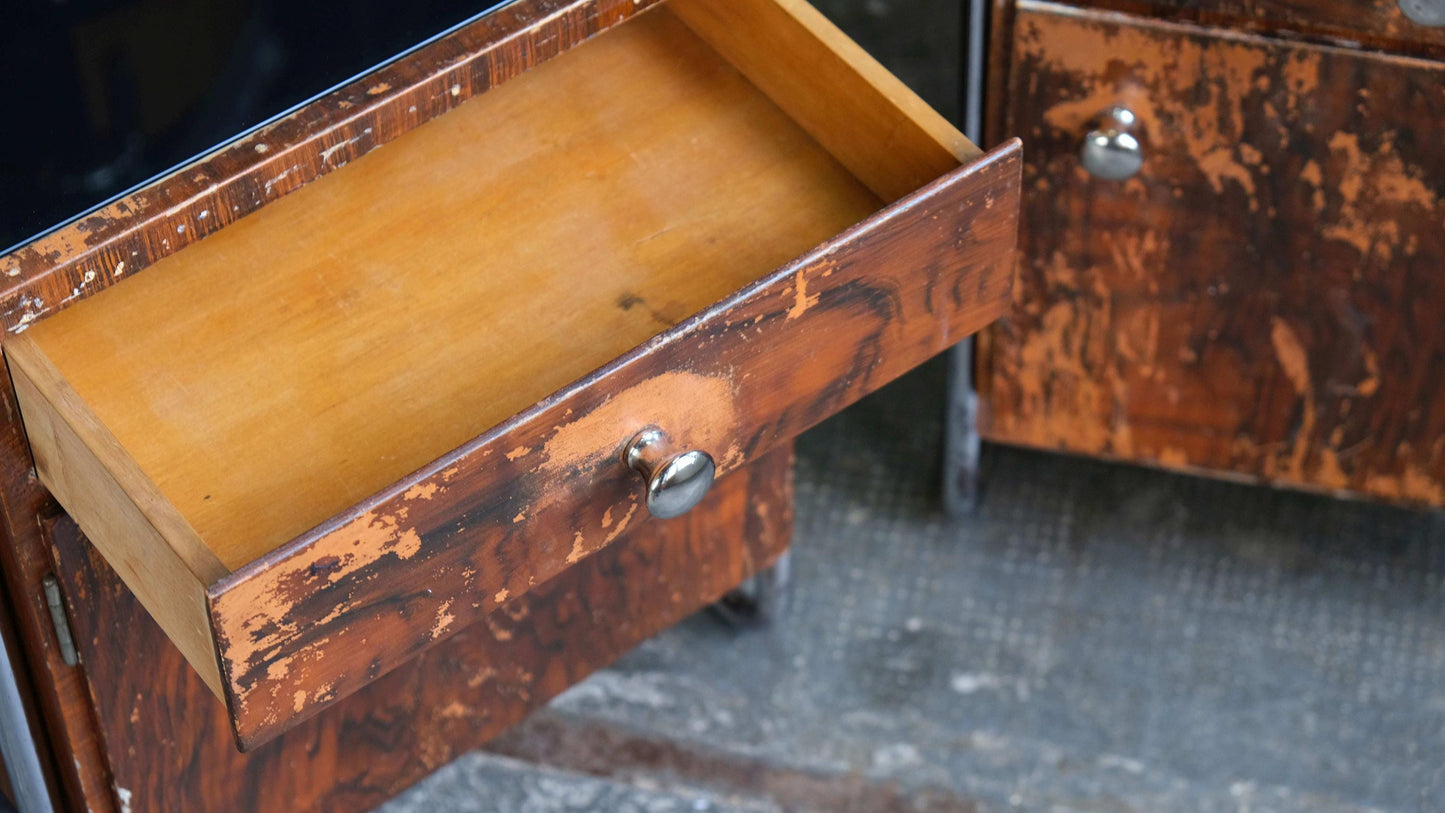 Vintage Nachttisch Set von 2 Bauhaus von unbekannt für unbekannt mit Schublade und Glasplatte