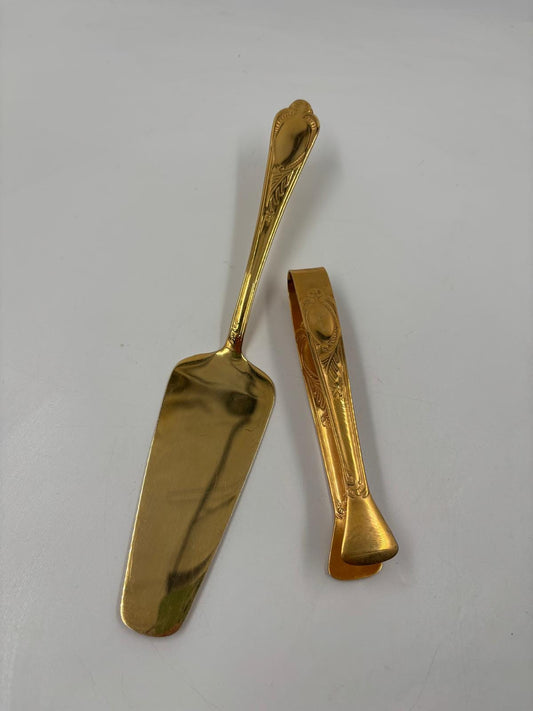 Vintage Servierbesteck Set von 2 Tortenheber und Zuckerzange goldfarben