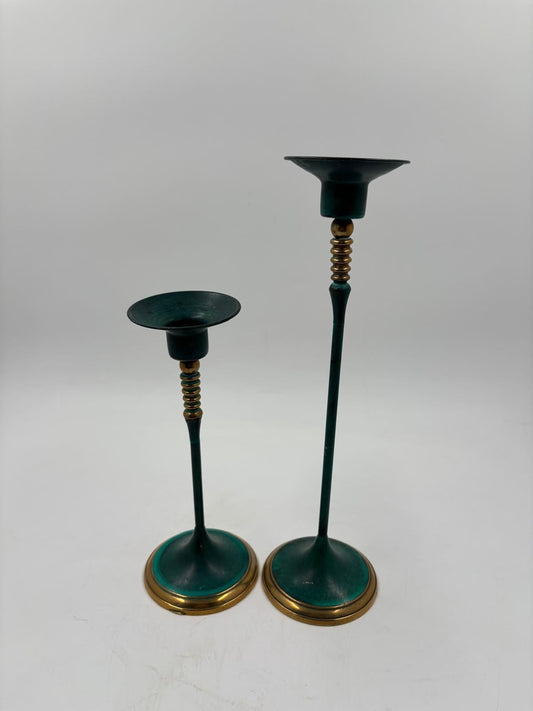 Vintage Kerzenständer Set von 2 von Gilde patiniert grün gold