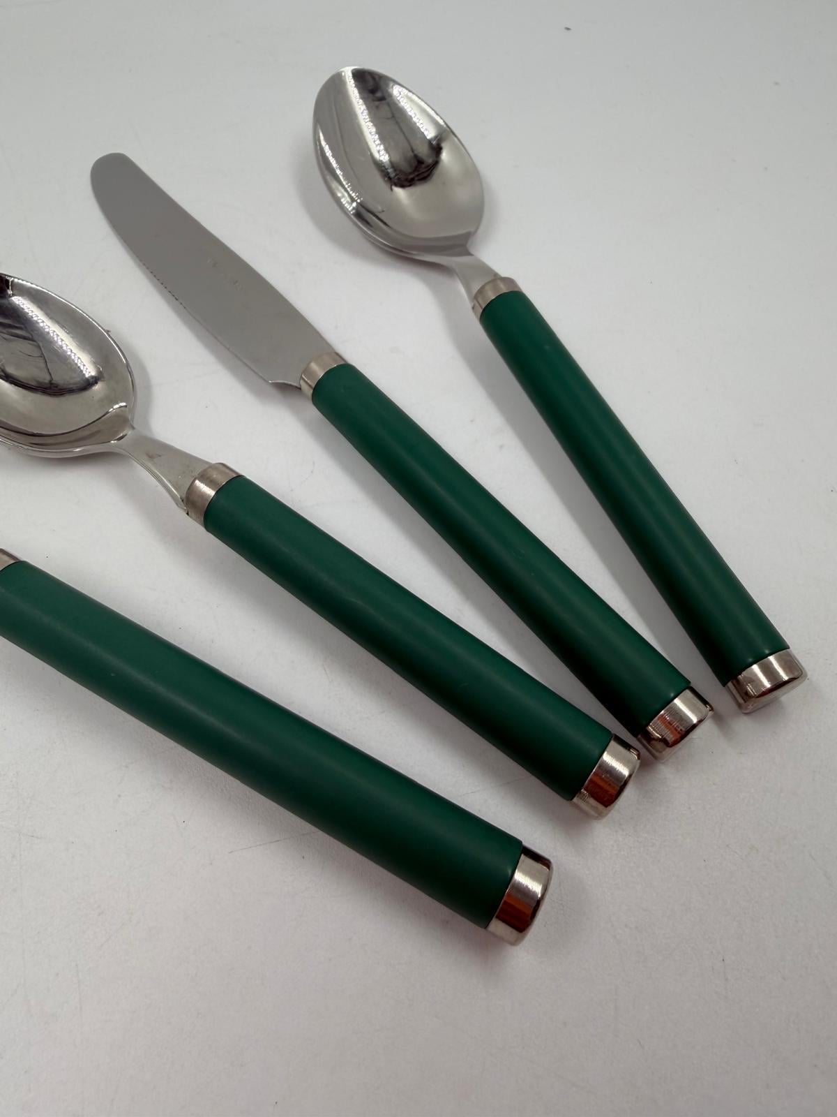 Vintage Besteck Reisebesteck Set von Villeroy und Boch grüne Griffe mit Stofftasche