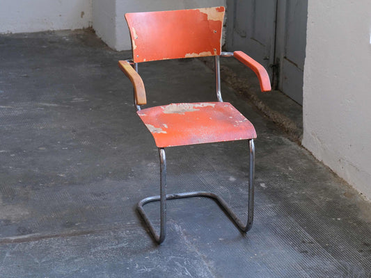 Vintage Freischwinger Stuhl von Mart Stam für Mora in Orange, Chrom