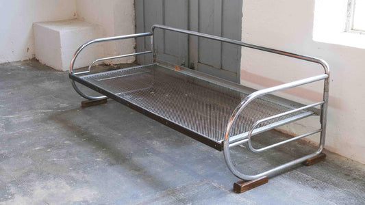 Vintage Sofa Bauhaus Stahlrohr Daybed #2 verchromt, Naturton