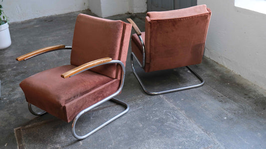 Vintage Sessel S 411 für Thonet rotbraun Samt Chromgestell Set von 2